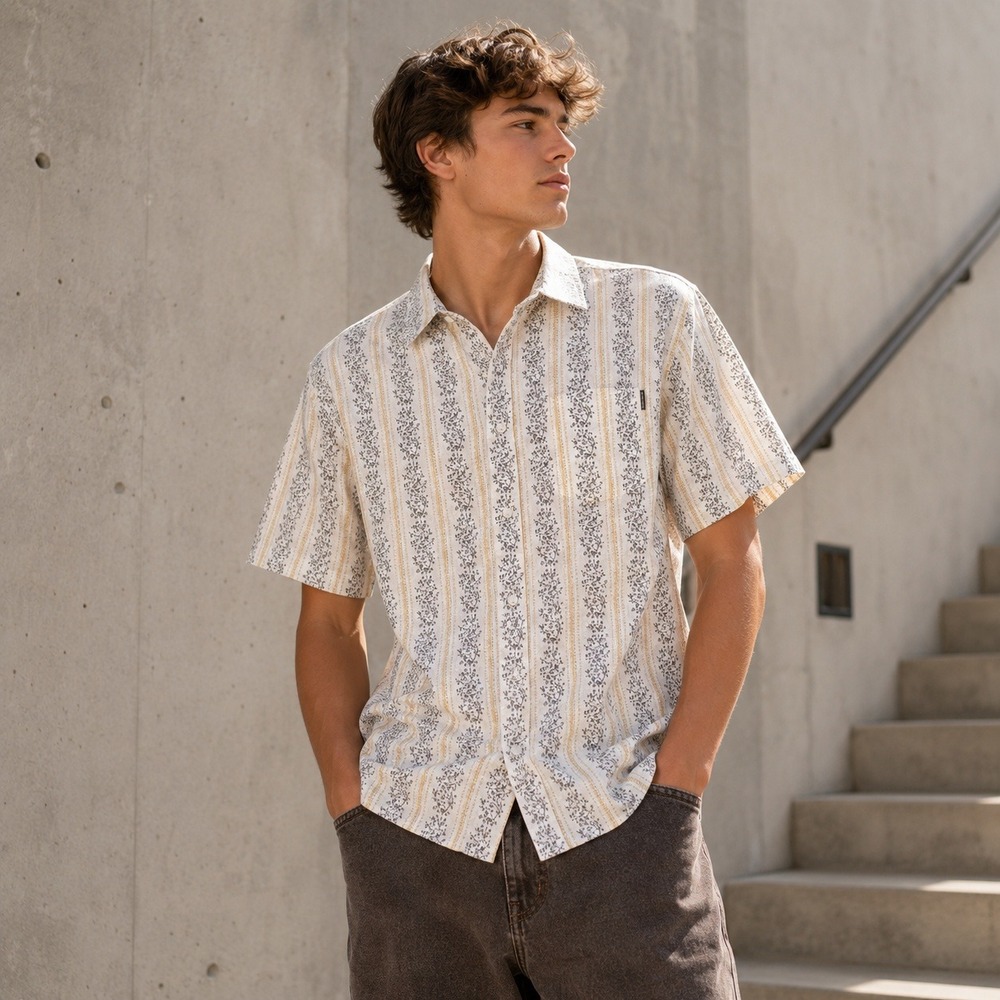 Prana Shirt Mens LG White Floral Stripe Short Sleeve Button Down Casual Cotton